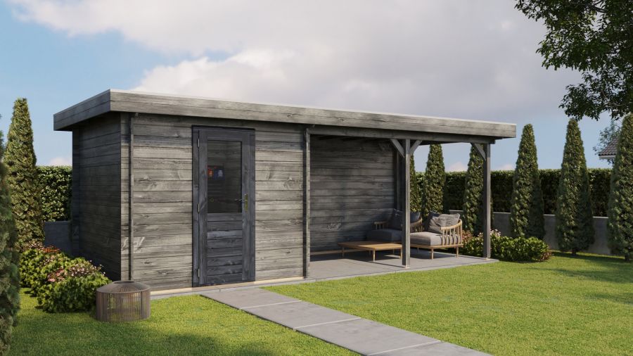 Lugarde Select Blokhut met overkapping Ede 250x250cm + 400cm - Keteldruk Grijs