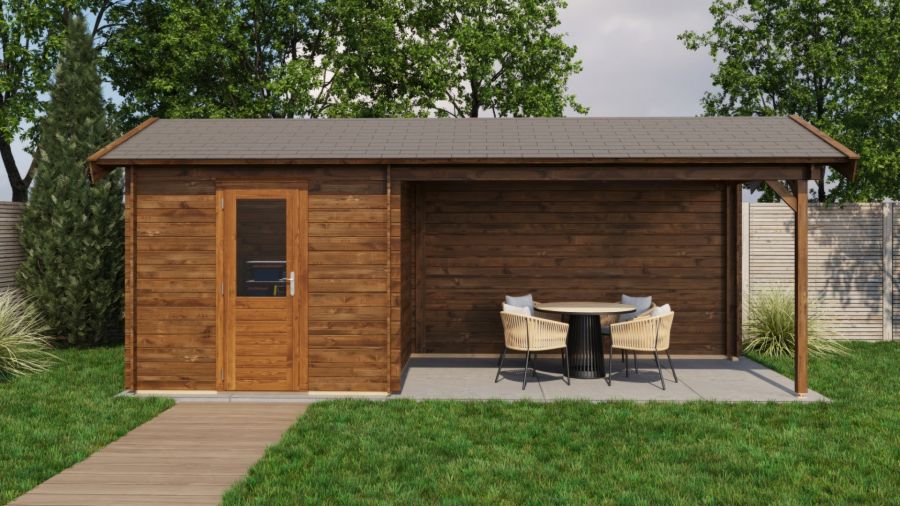 Lugarde Select Blokhut met overkapping Oldenzaal 250x250cm + 400cm - Keteldruk Bruin