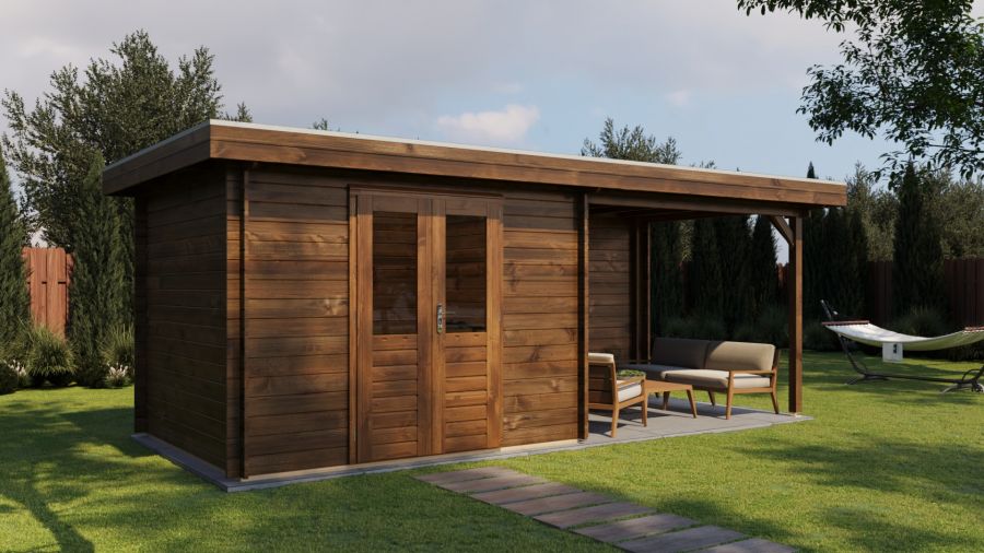 Lugarde Select Blokhut met overkapping Wageningen 300x250cm + 300cm - Keteldruk Bruin