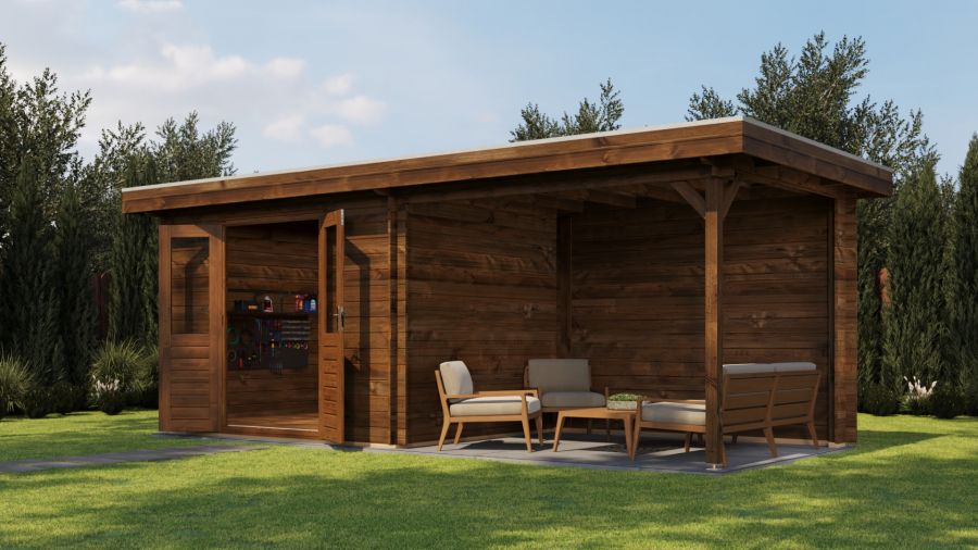 Lugarde Select Blokhut met overkapping Wageningen 300x250cm + 300cm - Keteldruk Bruin