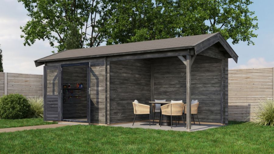 Lugarde Select Blokhut met overkapping Varsseveld 300x250cm + 300cm - Keteldruk Grijs