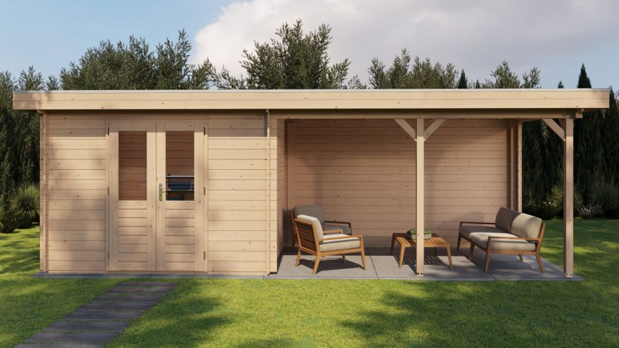 Lugarde Select Blokhut met overkapping Zandvoort 300x250cm + 400cm - Onbehandeld