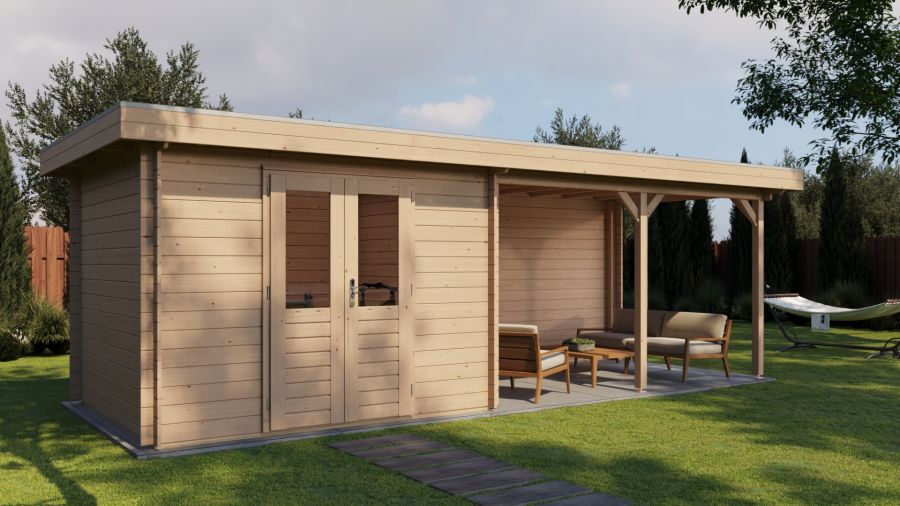 Lugarde Select Blokhut met overkapping Zandvoort 300x250cm + 400cm - Onbehandeld