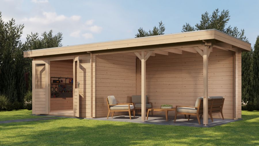 Lugarde Select Blokhut met overkapping Zandvoort 300x250cm + 400cm - Onbehandeld