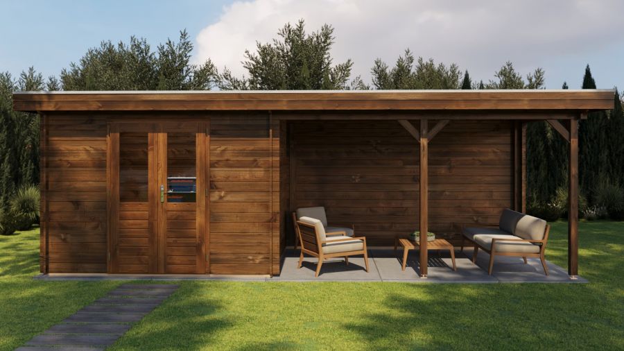 Lugarde Select Blokhut met overkapping Zandvoort 300x250cm + 400cm - Keteldruk Bruin