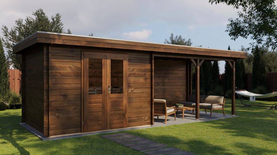 Lugarde Select Blokhut met overkapping Zandvoort 300x250cm + 400cm - Keteldruk Bruin