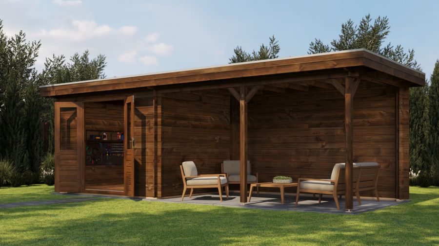 Lugarde Select Blokhut met overkapping Zandvoort 300x250cm + 400cm - Keteldruk Bruin
