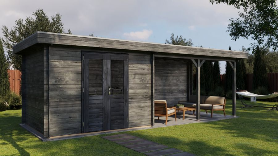 Lugarde Select Blokhut met overkapping Zandvoort 300x250cm + 400cm - Keteldruk Grijs