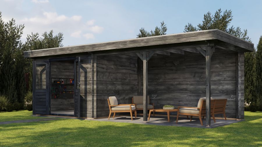 Lugarde Select Blokhut met overkapping Zandvoort 300x250cm + 400cm - Keteldruk Grijs