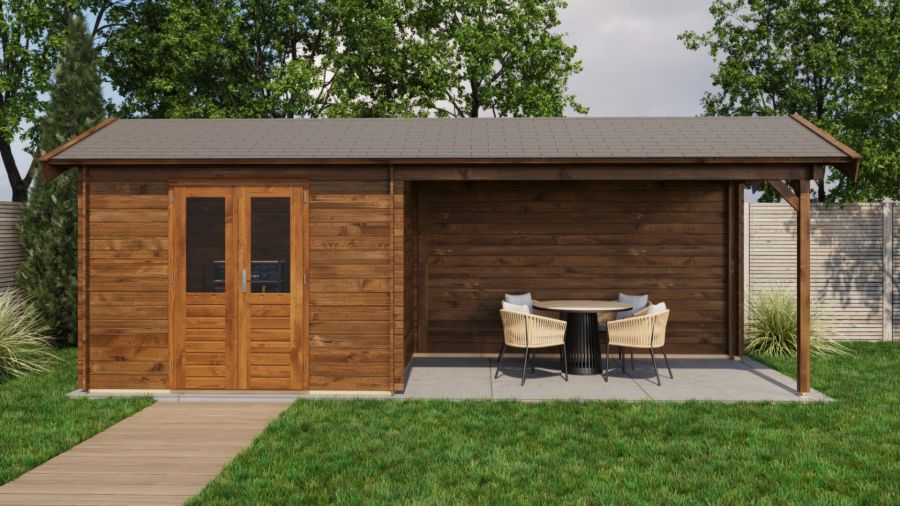 Lugarde Select Blokhut met overkapping Borne 300x250cm + 400cm - Keteldruk Bruin