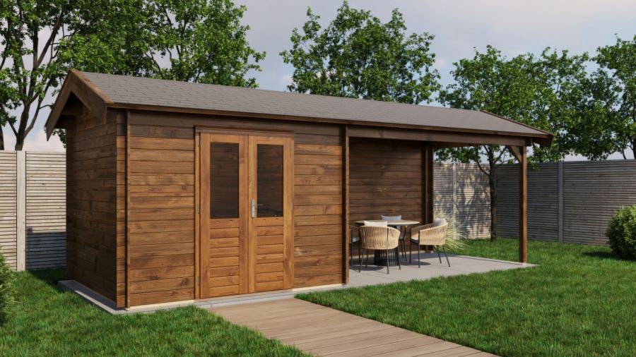 Lugarde Select Blokhut met overkapping Borne 300x250cm + 400cm - Keteldruk Bruin