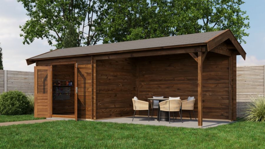 Lugarde Select Blokhut met overkapping Borne 300x250cm + 400cm - Keteldruk Bruin