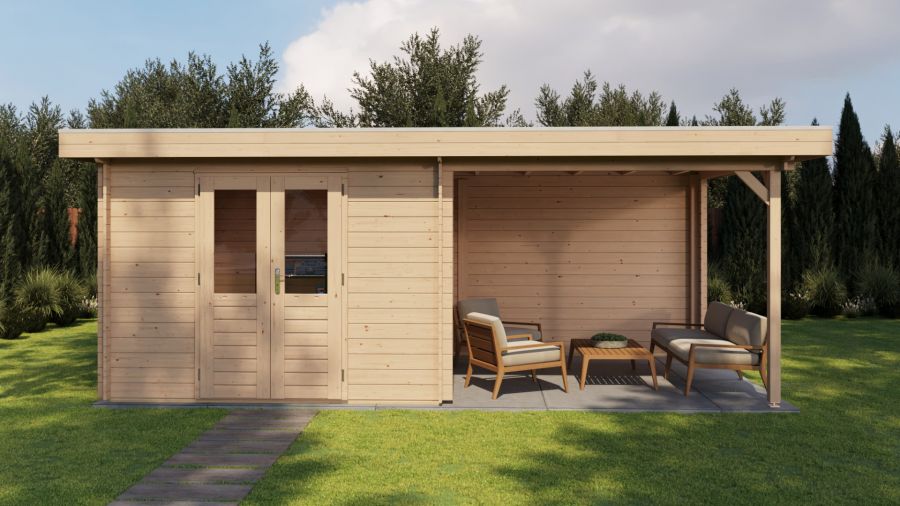Lugarde Select Blokhut met overkapping Hilversum 300x300cm + 300cm - Onbehandeld