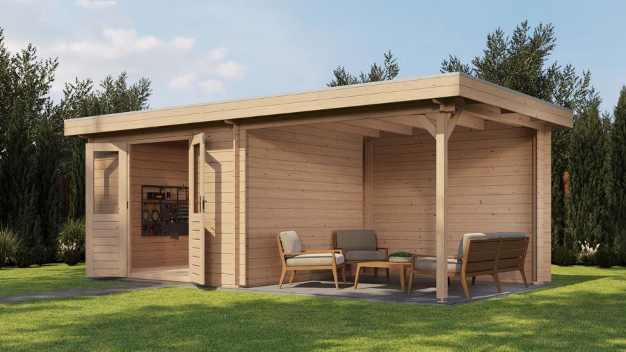 Lugarde Select Blokhut met overkapping Hilversum 300x300cm + 300cm - Onbehandeld