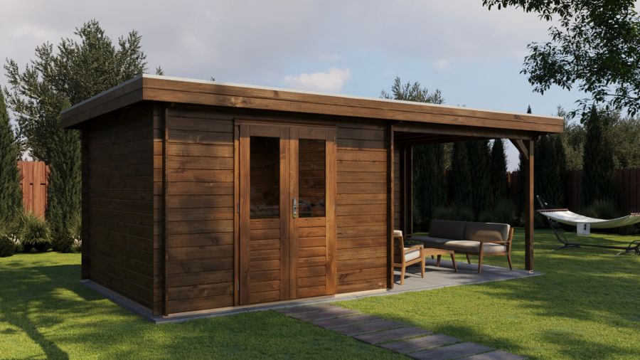 Lugarde Select Blokhut met overkapping Hilversum 300x300cm + 300cm - Keteldruk Bruin