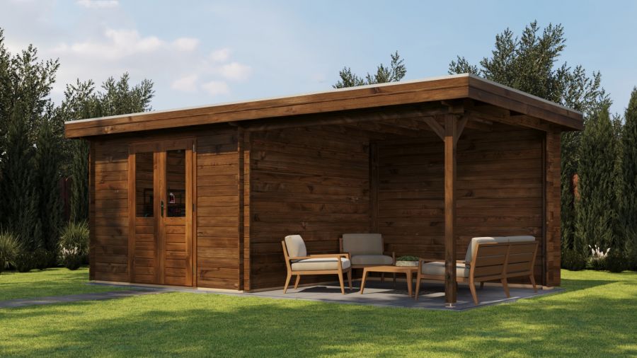 Lugarde Select Blokhut met overkapping Hilversum 300x300cm + 300cm - Keteldruk Bruin