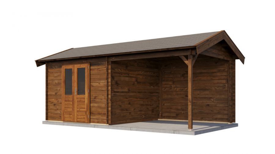 Lugarde Select Raalte Blokhut met overkapping 300x300 cm + 300 cm 28 mm keteldruk bruin geïmpregneerd