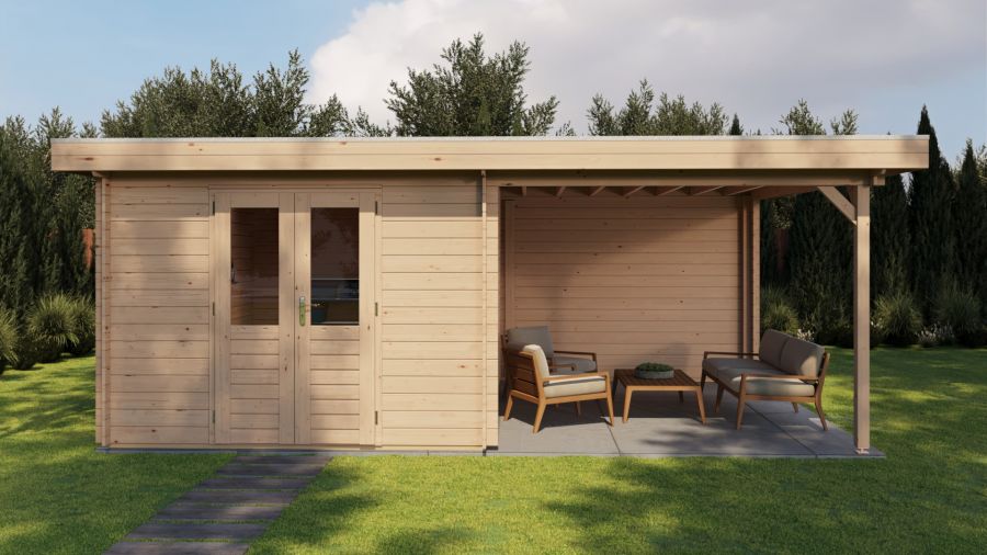 Lugarde Select Blokhut met overkapping Tiel 300x400cm + 300cm - Onbehandeld