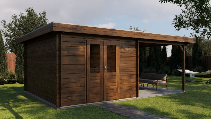 Lugarde Select Blokhut met overkapping Tiel 300x400cm + 300cm - Keteldruk Bruin