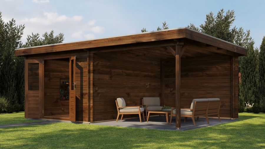 Lugarde Select Blokhut met overkapping Tiel 300x400cm + 300cm - Keteldruk Bruin