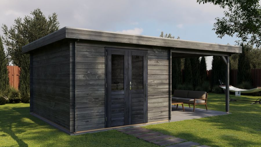 Lugarde Select Blokhut met overkapping Tiel 300x400cm + 300cm - Keteldruk Grijs