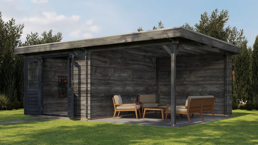 Lugarde Select Blokhut met overkapping Tiel 300x400cm + 300cm - Keteldruk Grijs