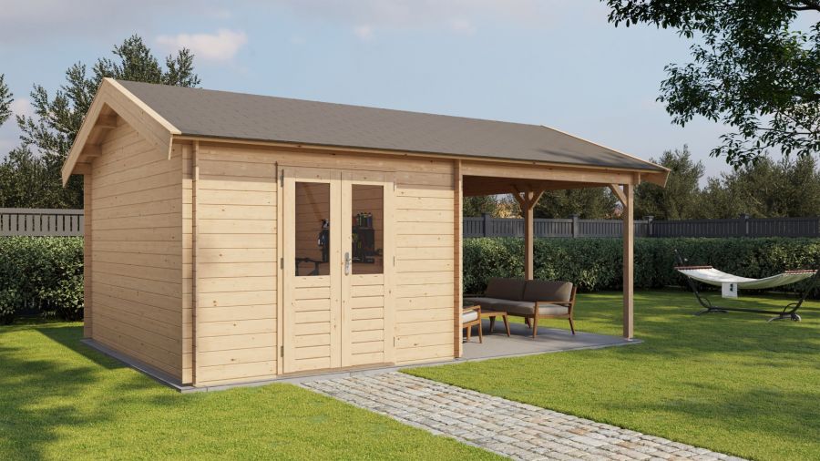 Lugarde Select Blokhut met overkapping Hattem 300x400cm + 300cm - Onbehandeld