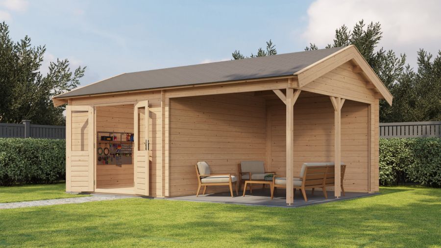 Lugarde Select Blokhut met overkapping Hattem 300x400cm + 300cm - Onbehandeld