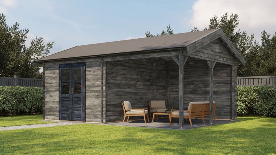 Lugarde Select Blokhut met overkapping Hattem 300x400cm + 300cm - Keteldruk Grijs