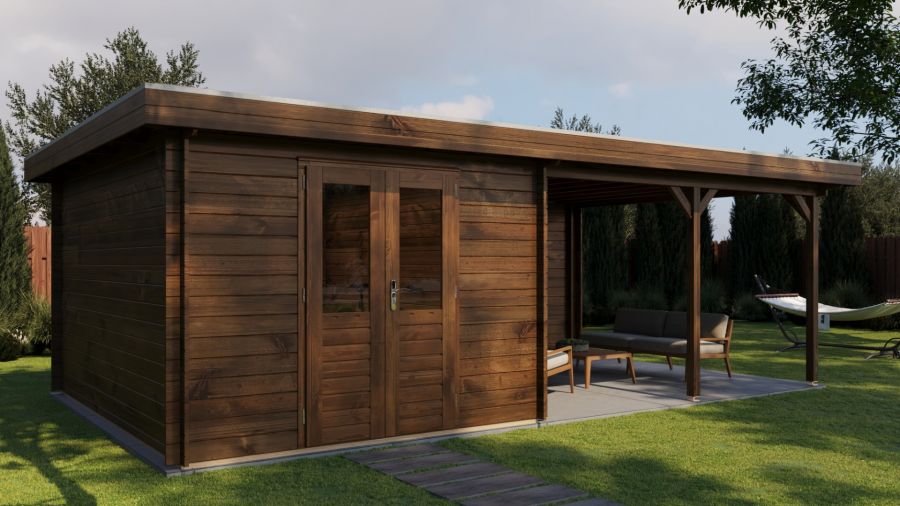 Lugarde Select Blokhut met overkapping Culemborg 300x400cm + 400cm - Keteldruk Bruin