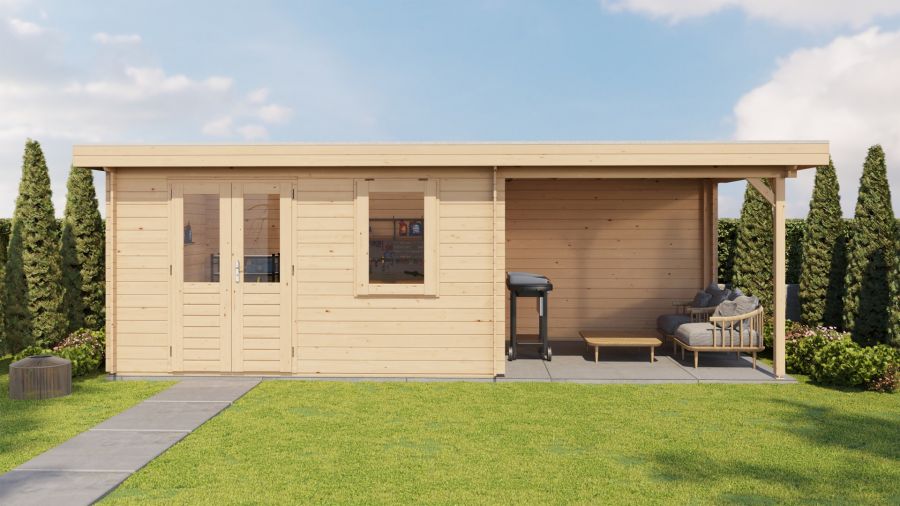 Lugarde Select Blokhut met overkapping Elst 400x300cm + 300cm - Onbehandeld