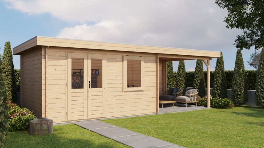 Lugarde Select Blokhut met overkapping Elst 400x300cm + 300cm - Onbehandeld
