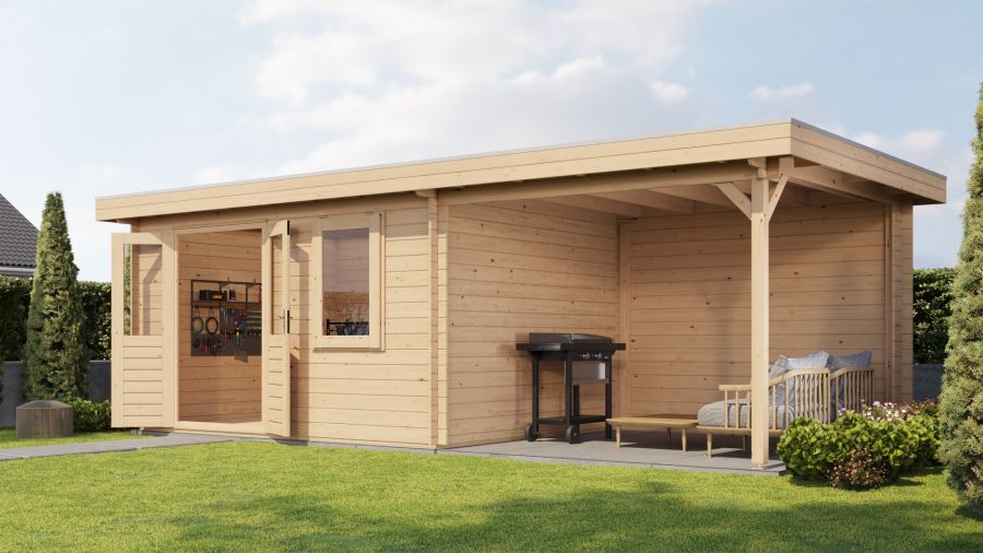 Lugarde Select Blokhut met overkapping Elst 400x300cm + 300cm - Onbehandeld