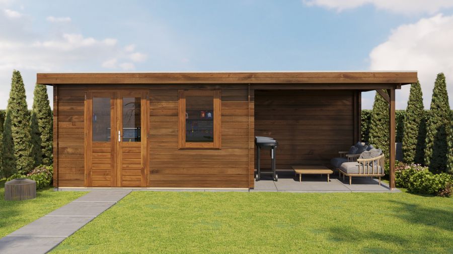Lugarde Select Blokhut met overkapping Elst 400x300cm + 300cm - Keteldruk Bruin