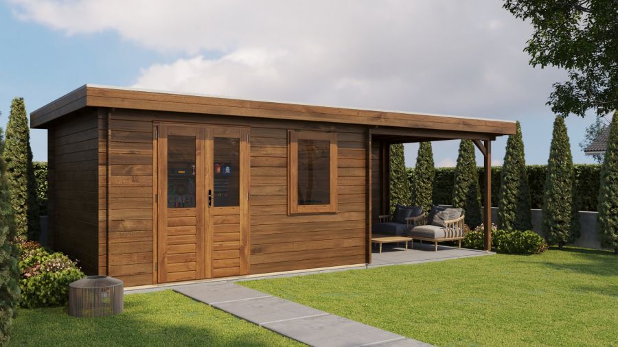 Lugarde Select Blokhut met overkapping Elst 400x300cm + 300cm - Keteldruk Bruin