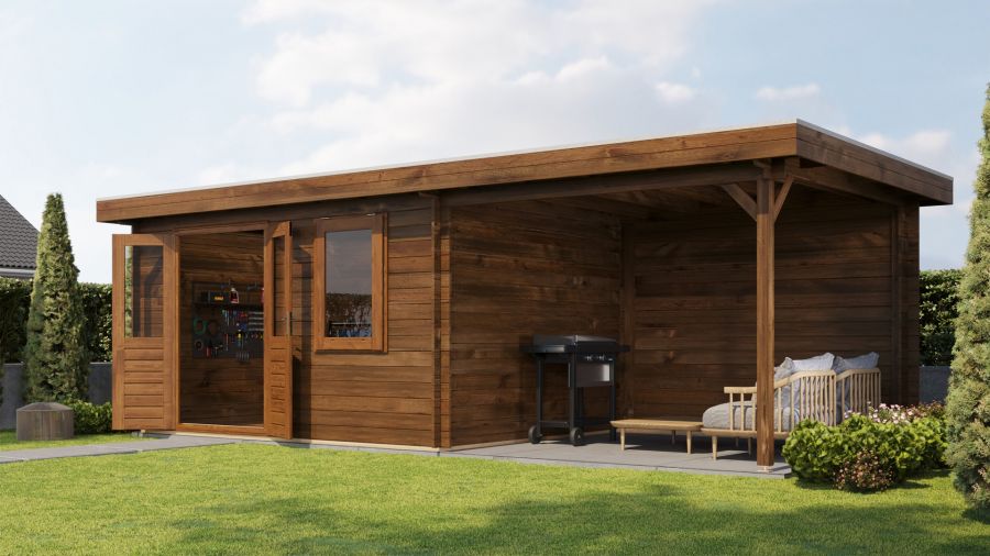 Lugarde Select Blokhut met overkapping Elst 400x300cm + 300cm - Keteldruk Bruin