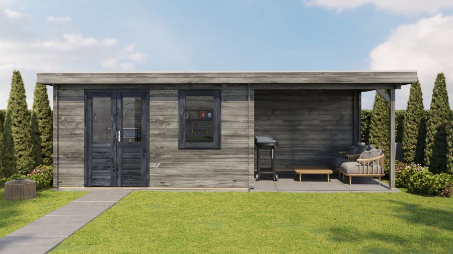 Lugarde Select Blokhut met overkapping Elst 400x300cm + 300cm - Keteldruk Grijs