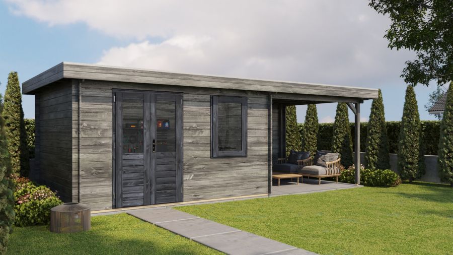 Lugarde Select Blokhut met overkapping Elst 400x300cm + 300cm - Keteldruk Grijs