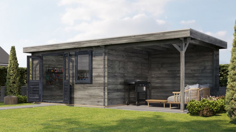 Lugarde Select Blokhut met overkapping Elst 400x300cm + 300cm - Keteldruk Grijs