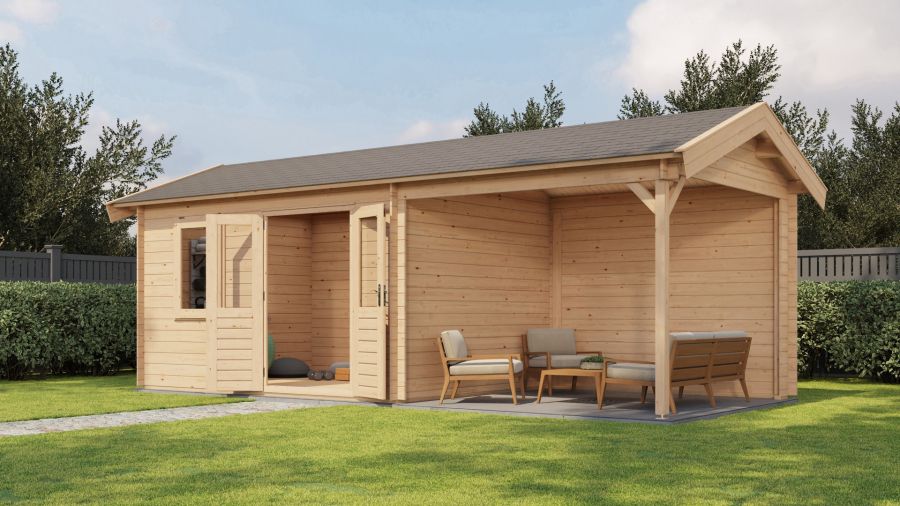 Lugarde Select Blokhut met overkapping Holten 400x300cm + 300cm - Onbehandeld
