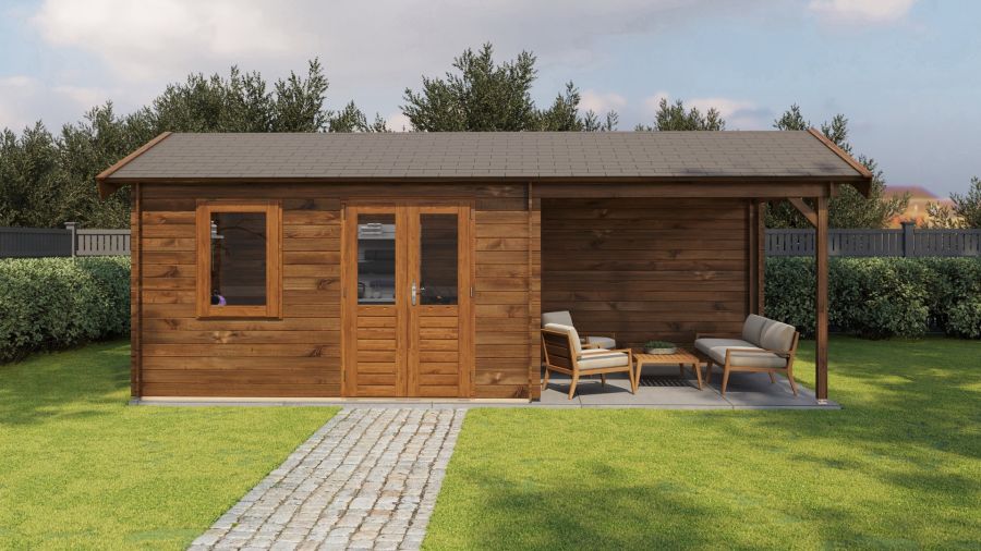 Lugarde Select Blokhut met overkapping Holten 400x300cm + 300cm - Keteldruk Bruin