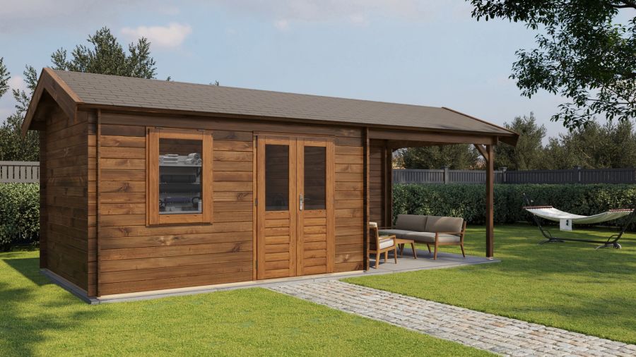 Lugarde Select Blokhut met overkapping Holten 400x300cm + 300cm - Keteldruk Bruin