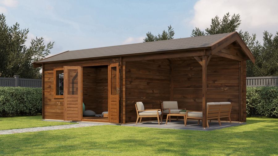 Lugarde Select Blokhut met overkapping Holten 400x300cm + 300cm - Keteldruk Bruin