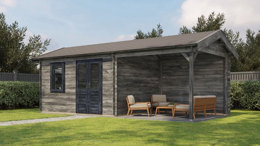 Lugarde Select Blokhut met overkapping Holten 400x300cm + 300cm - Keteldruk Grijs