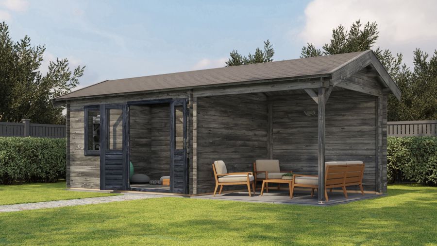 Lugarde Select Blokhut met overkapping Holten 400x300cm + 300cm - Keteldruk Grijs