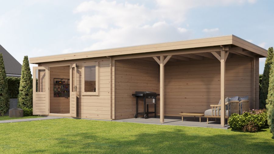 Lugarde Select Blokhut met overkapping Huissen 400x300cm + 400cm - Onbehandeld