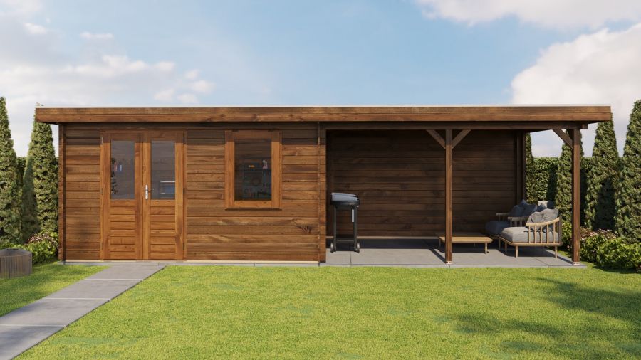 Lugarde Select Blokhut met overkapping Huissen 400x300cm + 400cm - Keteldruk Bruin