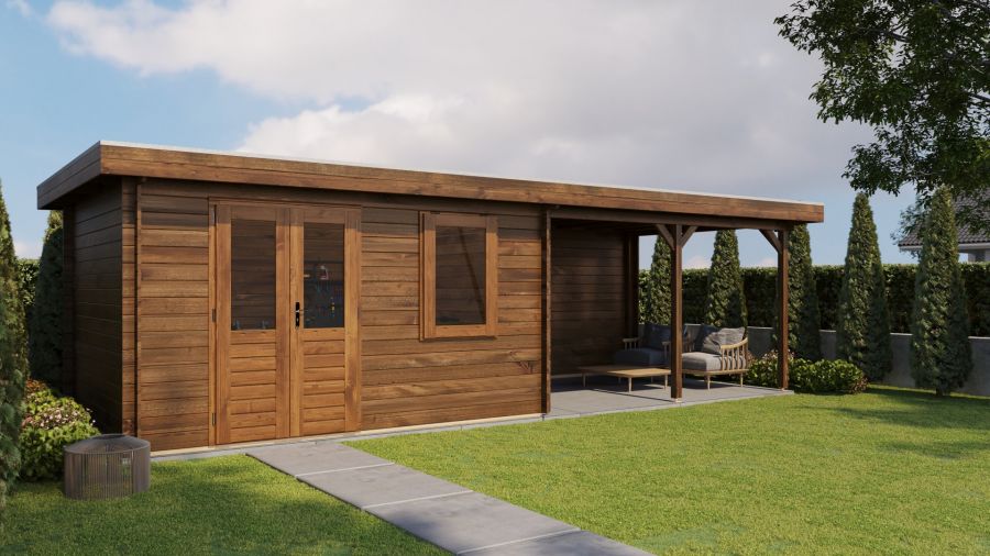 Lugarde Select Blokhut met overkapping Huissen 400x300cm + 400cm - Keteldruk Bruin