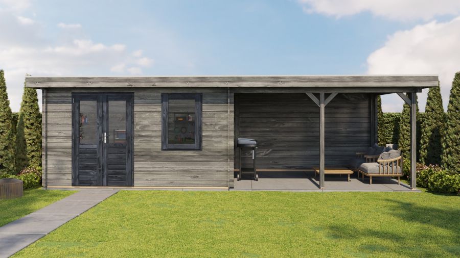 Lugarde Select Blokhut met overkapping Huissen 400x300cm + 400cm - Keteldruk Grijs