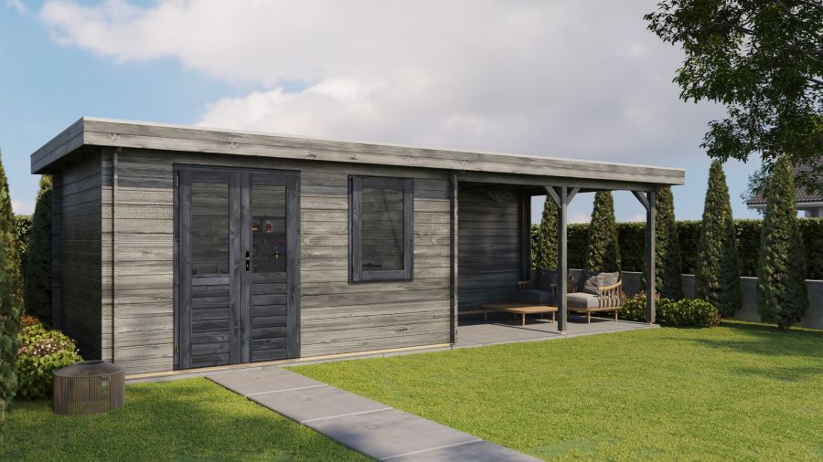 Lugarde Select Blokhut met overkapping Huissen 400x300cm + 400cm - Keteldruk Grijs